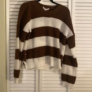 Warm knit brown and white horizontal stripe sweater
